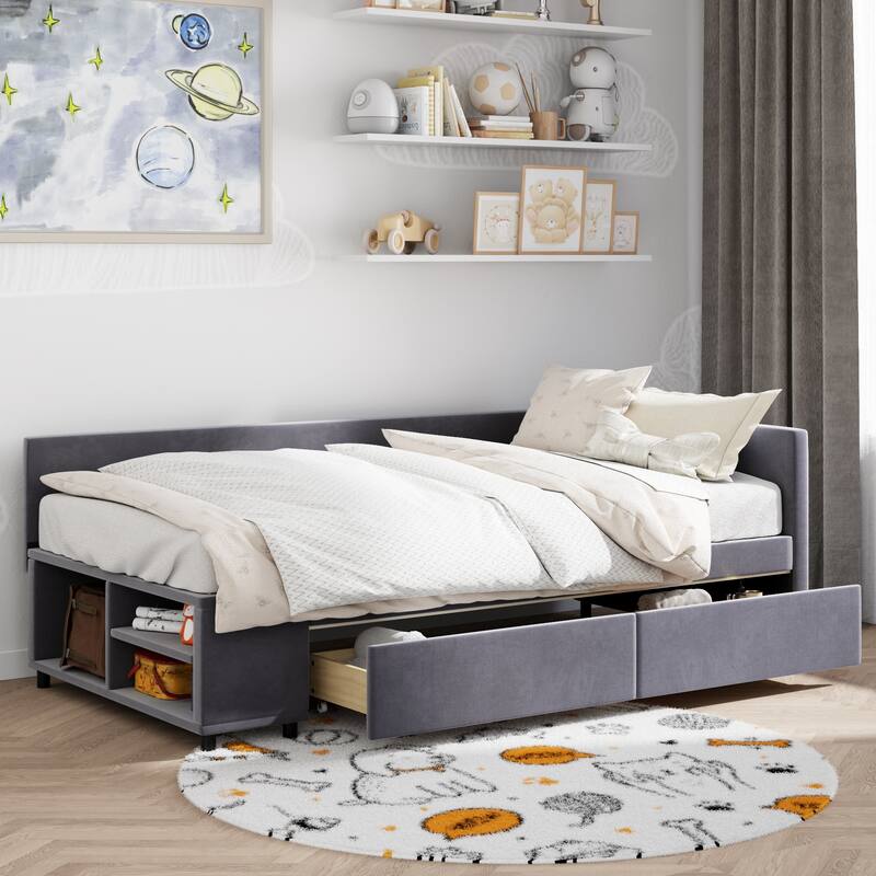 Twin Size Velvet Upholstered Daybed with Built-In Side Storage and 2 Drawers, L Shaped Corner Platform Sofa Bed Frame