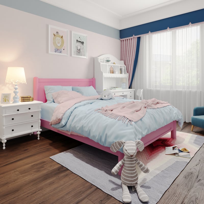 GDFStudio - Elara Wood Platform Bed Frame with Headboard and Wooden Slat Support - Pink - Queen