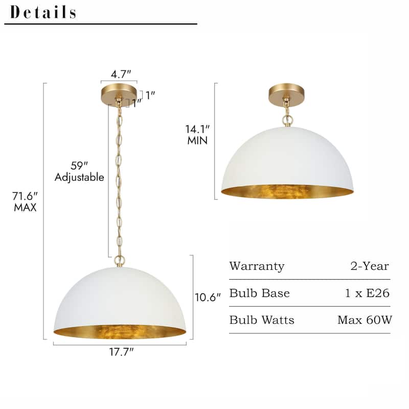 Modern 1-Light White Gold Pendant Light Fixture With Bowl-Shape for Dining Room