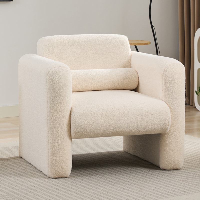 Modern Accent Chair Lambskin Sherpa Fabric Upholstered Comfy Reading Arm Chair Soft Padded with Back and Pillow for Living Room - Cream