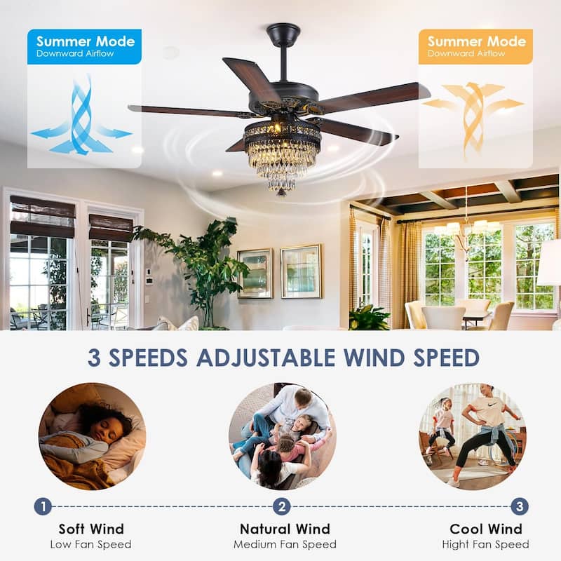 52"/62" Modern Crystal Chandelier Ceiling Fan Light,Reversible Airflow,E12 Bulbs,for Bedroom,Kitchen,Patio