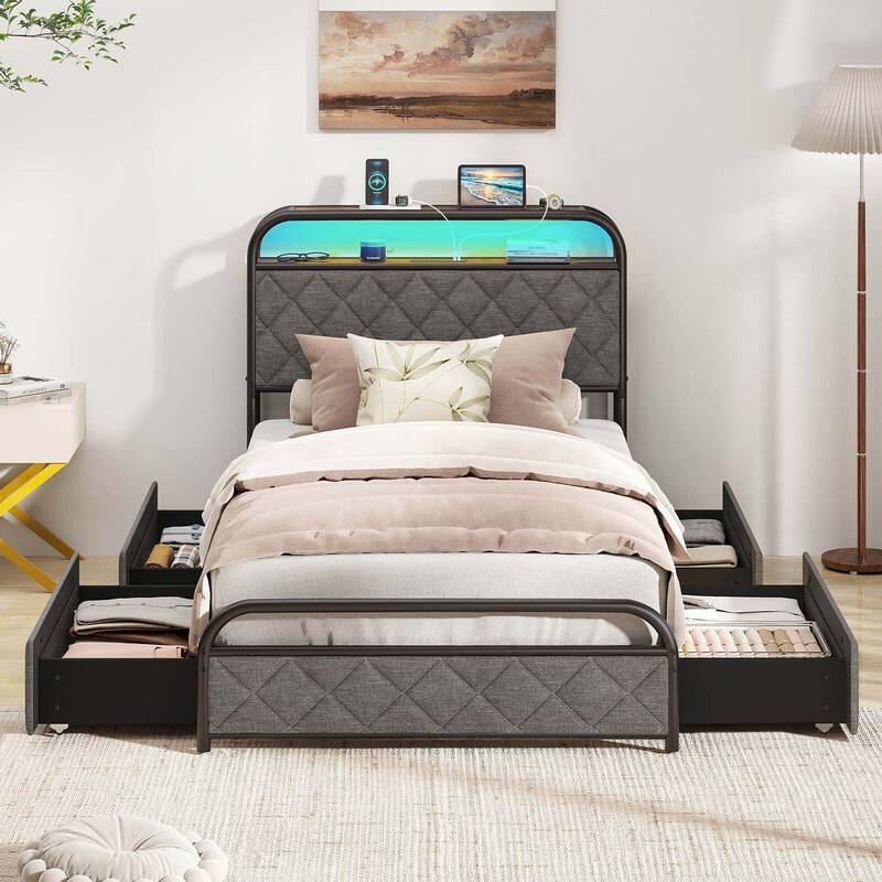 Costway Twin/Full/Queen Size Bed Frame with LED Lights & Charging