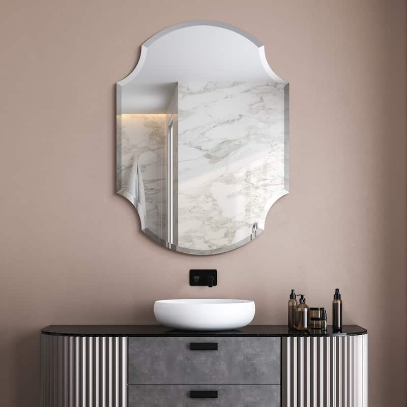 Frameless Beveled Octagonal Scallop Black Matte Finished Wall Mirror, 1" Beveled Rectangular Scalloped Mirror - 28" x 38" x 0.6"