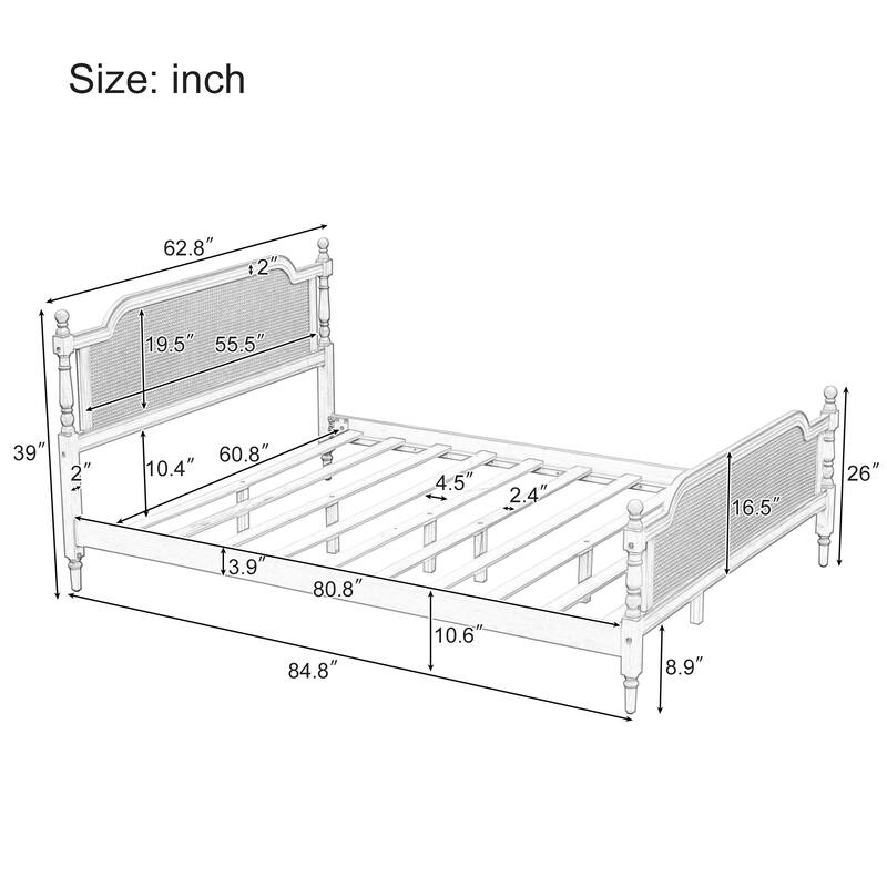 Traditional Style Rattan Bed Frame, No Box Spring Needed