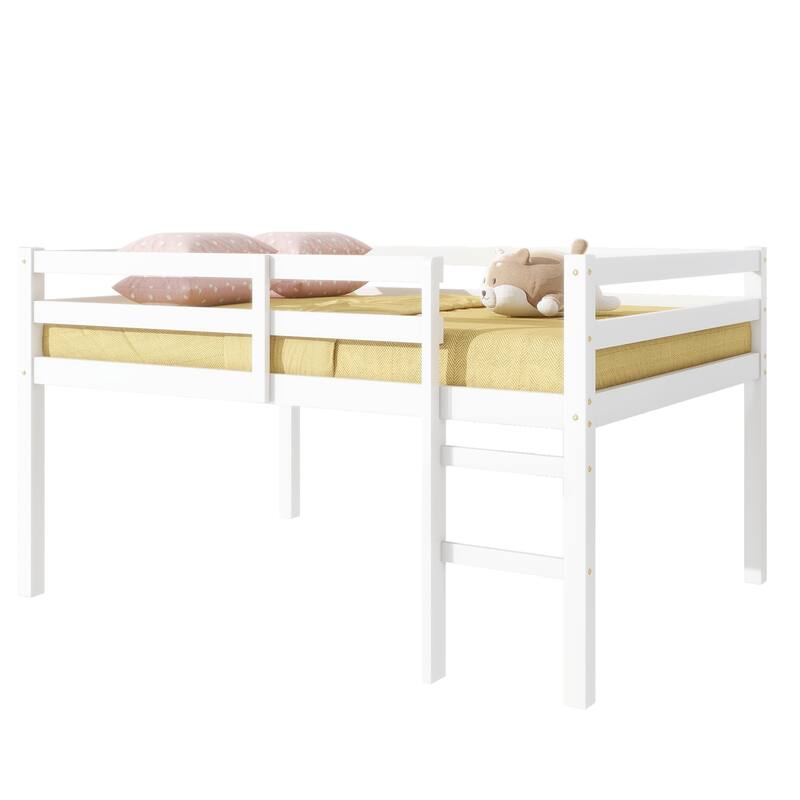 White Full Rubber Wood Loft Bed with Ladder and Storage Space