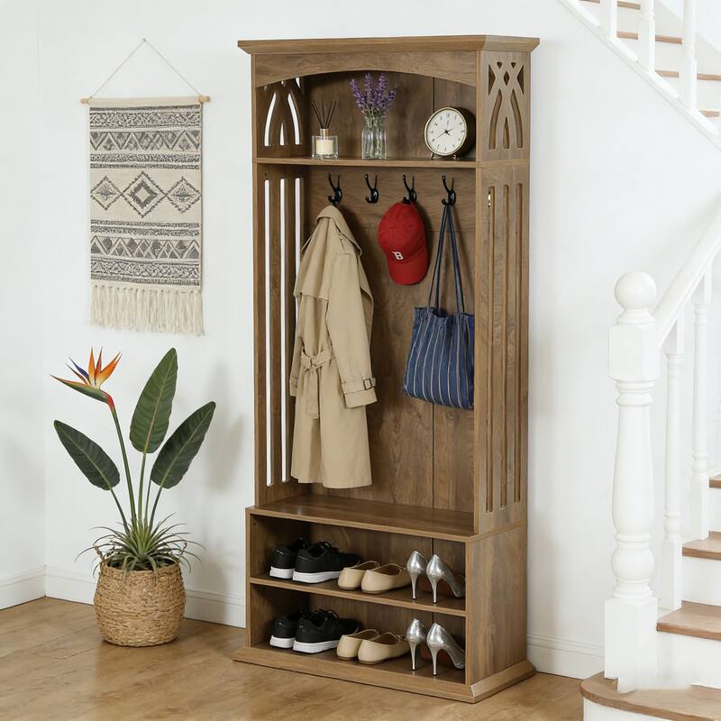 71" Coat Rack with Shoe Bench, 4-in-1 Entryway Hall Tree with 5 Hooks