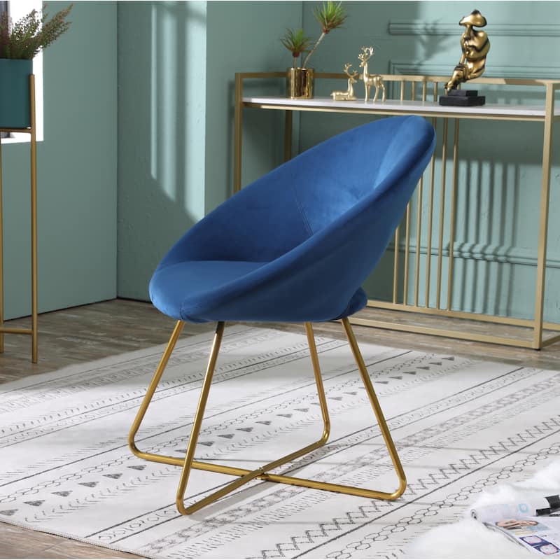 Blue Modern 28" Polyester Upholstered Accent Chair with Gold Tone Finished Base and Metal Sled Legs