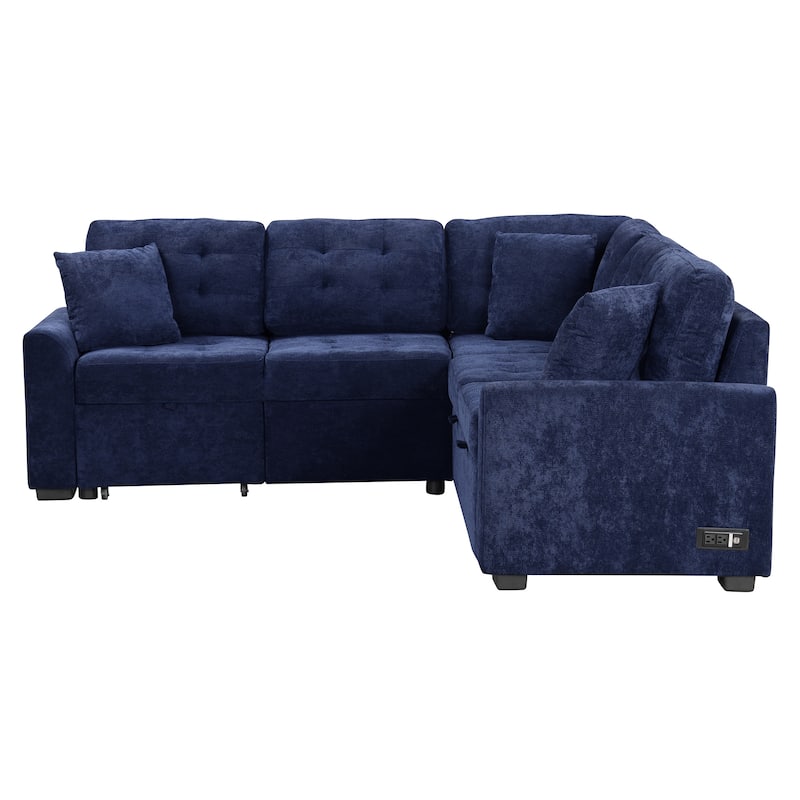 Blue 82.6" Convertible L-Shaped 5 Seater Sectional Sofa with Wheels, Pull-Out Bed, USB Ports and Power Sockets