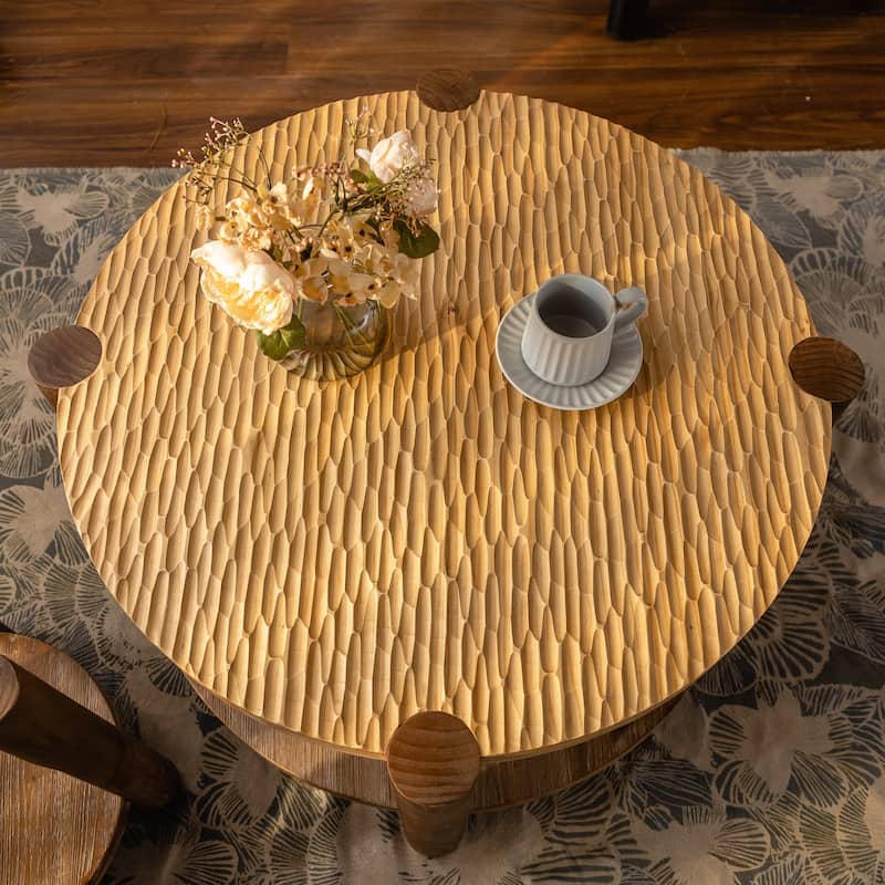 Roomfitters Solid Wood Round Coffee Table, 2-Tier Mid Century Modern Center Table with Storage Shelf for Living Room, Natural