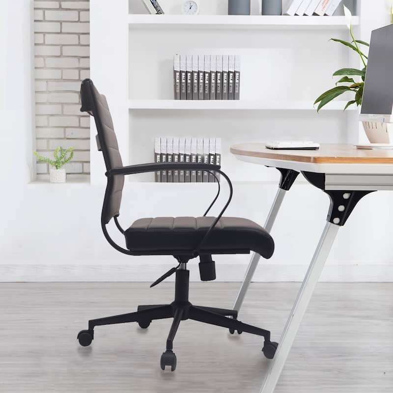 Black Office Chairs Mid Back Ribbed PU Leather Executive Task Work Conference With Arms Wheels Tilt Swivel Rolling