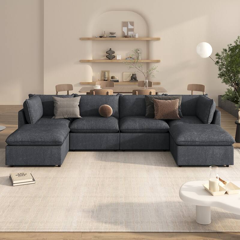 Modern U-Shape Sectional Sofa, 2 Chaise w/Removable Ottomans, Convertible L-Shape, Gray Polyester, 136x66x35 inches