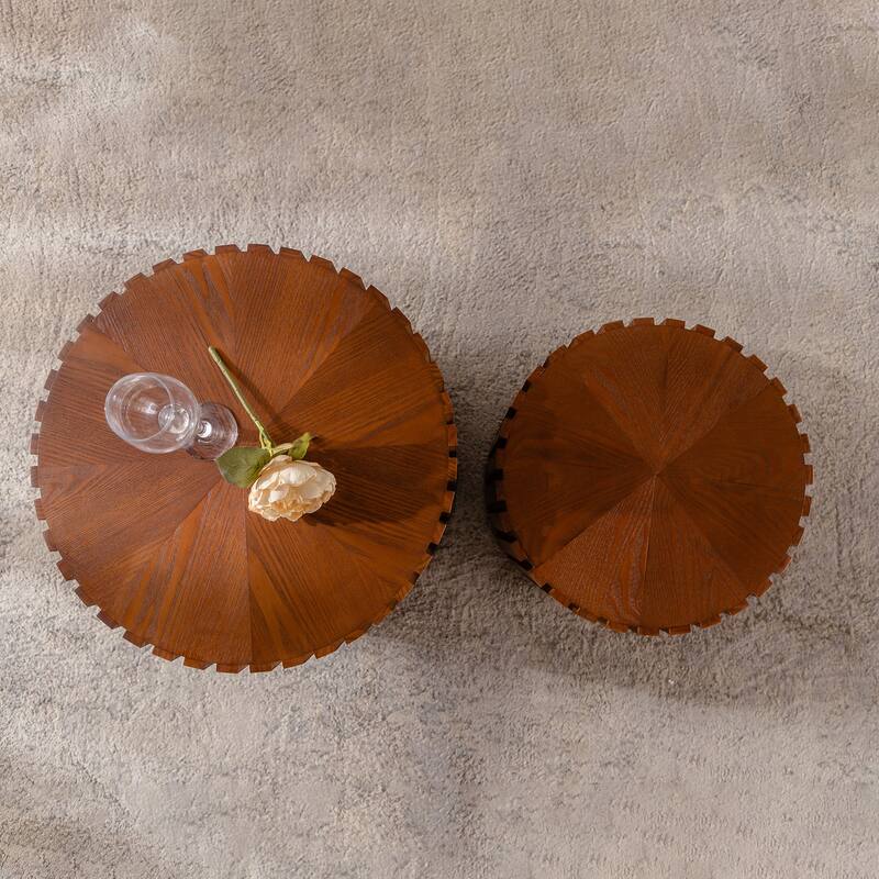 33.86" Handcrafted Round Wood Coffee Table with Relief Details
