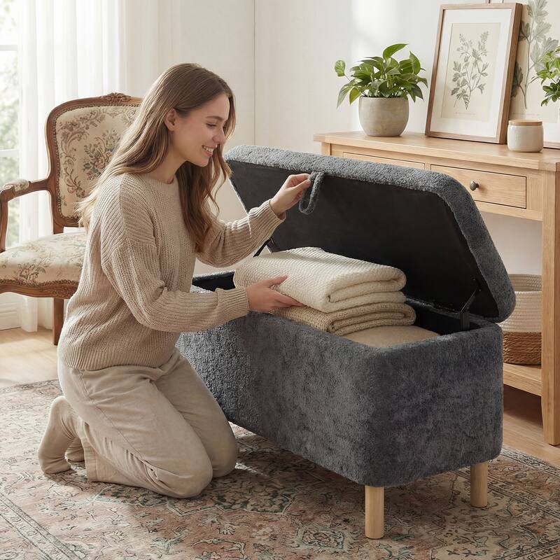 Upholstered Storage Ottoman Bench with Large Hidden Storage Fabric End of Bed Bench