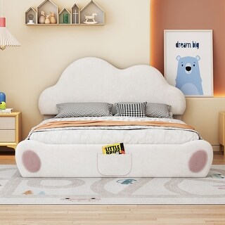 Queen Cloud Headboard Upholstered Bed with Rounded Footboard and Storage Pocket, Beige