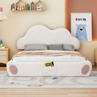 Upholstered Platform Bed Low-Profile Queen Size Bed Frame with Cloud-shaped Headboard and Cartoon Footboard, Velvet Fabric