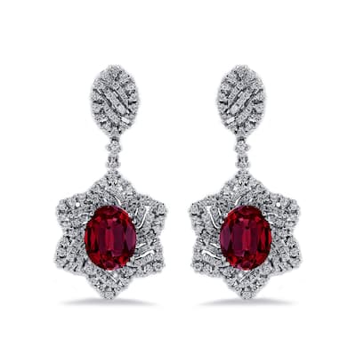 Auriya 5 3/4ct Fancy Oval-cut Red Ruby Halo Diamond Drop Earrings 1 1/4ctw 18k Gold
