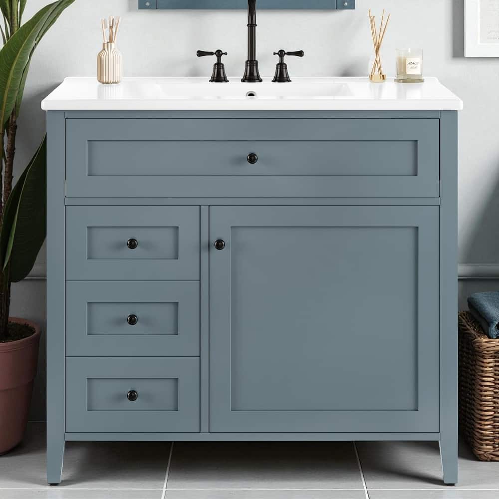 36-Inch Bathroom Vanity with Sink, MDF and Solid Wood Cabinet, 3 Drawers and Adjustable Shelf, Freestanding Design