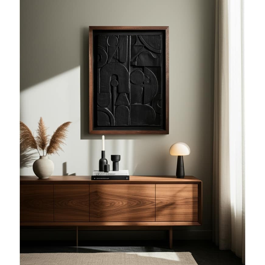 Wood Framed Wall Art Abstract Geometric Relief Texture - 29" Black