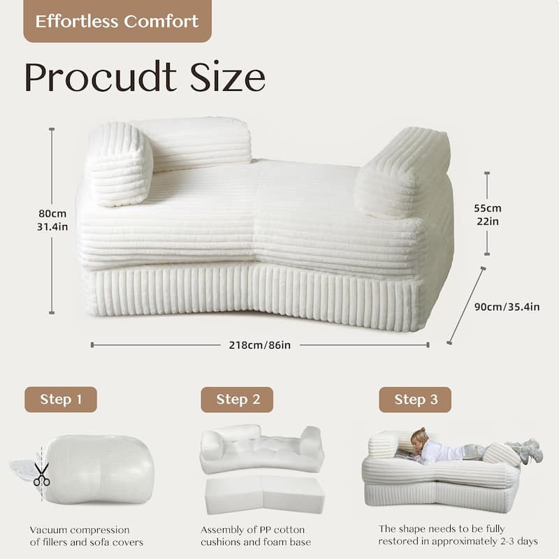 WOWMAX 85'' Curved Sofa Chaise Lounge Chair Fluffy Boneless Couch for Living Room, Comfy Plush Corduroy Small Couches