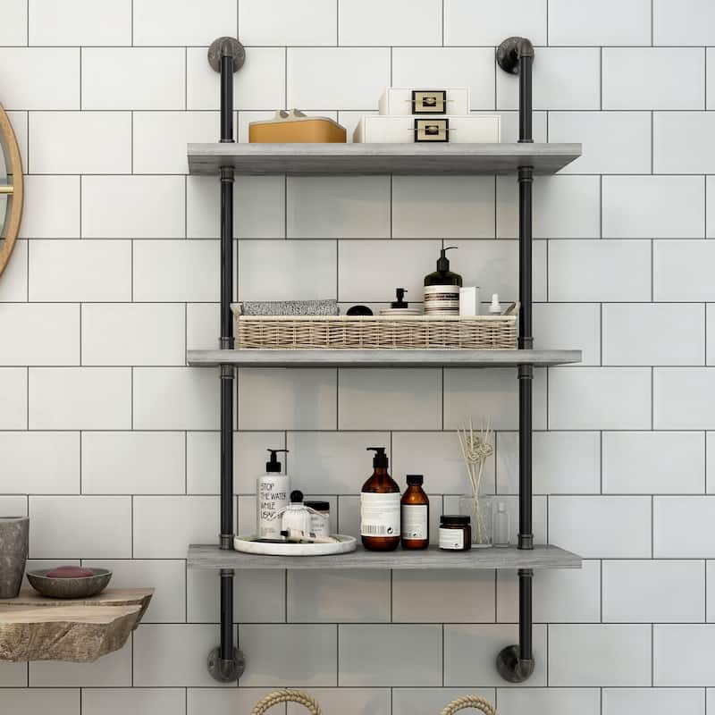 DH BASIC Industrial Vintage Grey 32-Inch Metal 2-Tier Wall Shelf by Denhour - Large