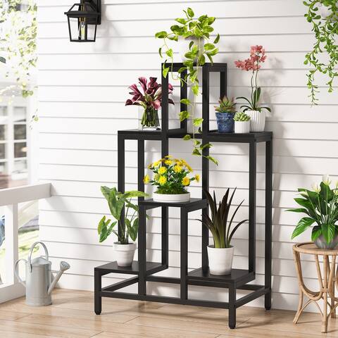 Flower Plant Stand Indoor, Metal Ladder Plant Shelf, 6 Tiers 6 Potted Wooden Flower Holder