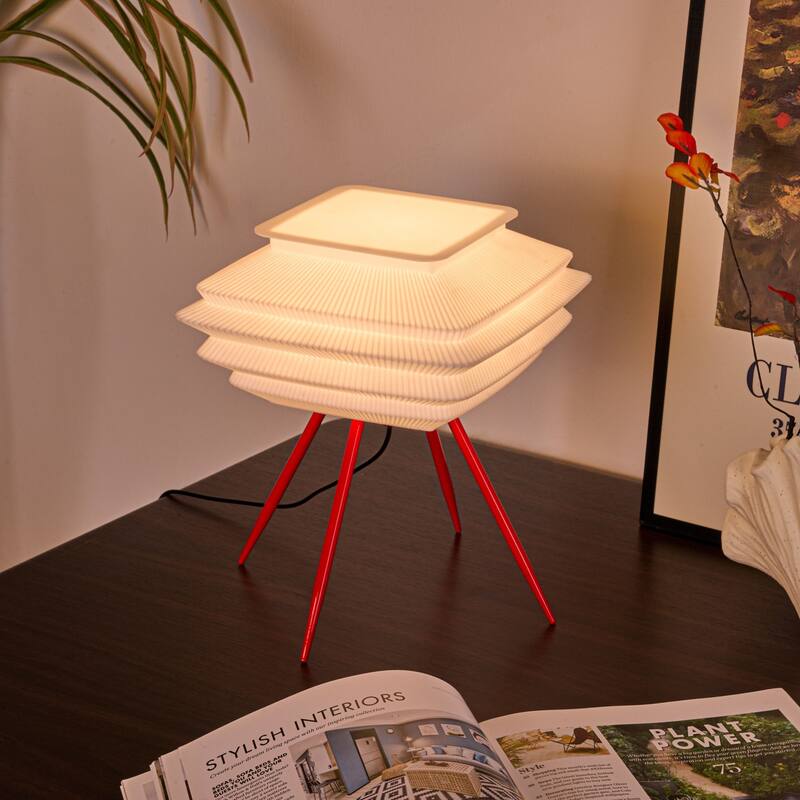 Sleek 3D Printed Table Lamp with Modern Pleated Shade & Red Tripod Base