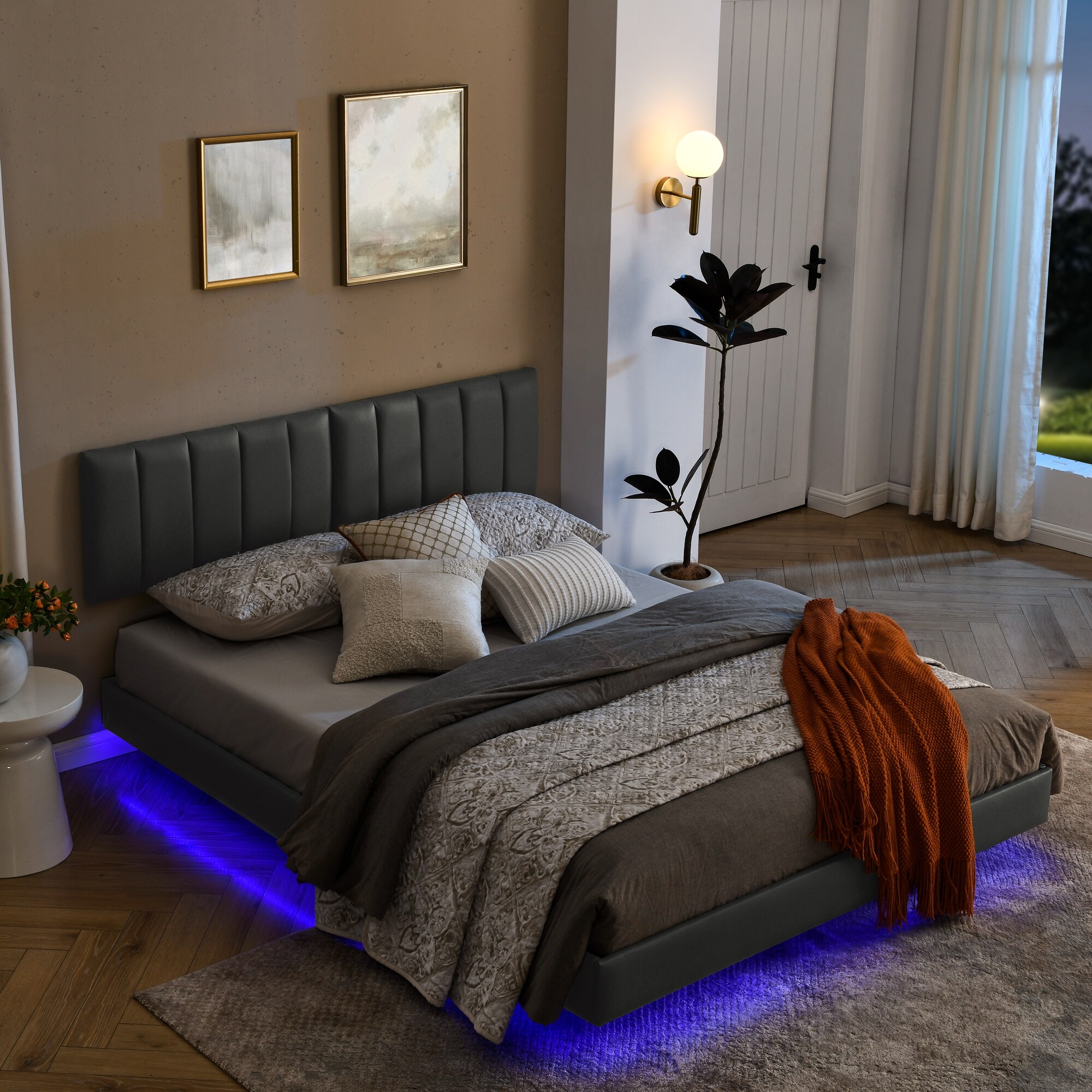 Grey Queen Size Floating Platform Bed with LED Lights and Mounted Headboard