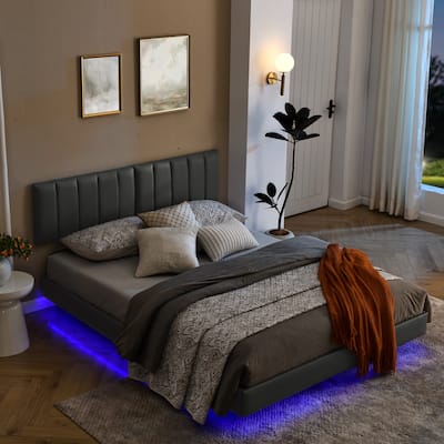 Queen Floating Bed Frame with LED Lights and Wall Mounted Headboard Low Profile Led Platform Bed Frame,No Box Spring Needed