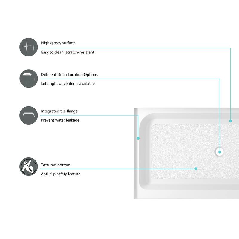 Indigo Home 60x36 inch Single Threshold Shower Tray Center Drain in White