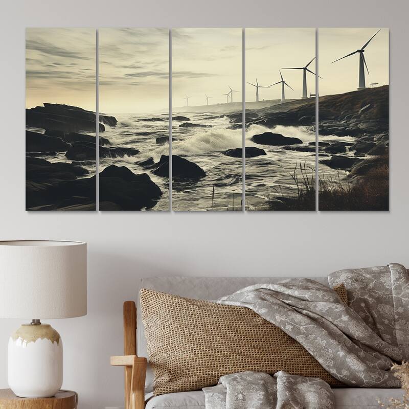 Designart "Wind Turbines Monochrome Coastal Harvest" Landscapes Multipanel Canvas Print set - 60 In. Wide X 28 In. High - 5 Panels Equal Panels