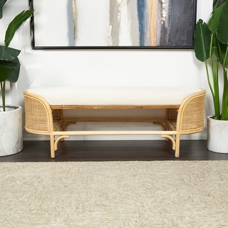 Brown Rattan Handmade Oval Bench with White Fabric Cushion