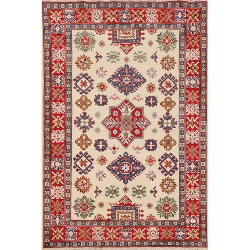 Ivory Kazak Accent Rug Hand-Knotted Wool Carpet - 4'1" x 6'4"