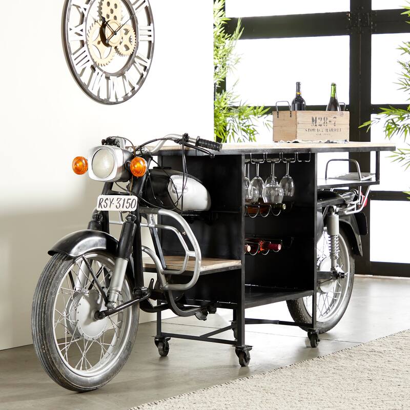 Black Metal Handmade One-of-a-Kind Reclaimed Motorcycle Bar with Light Up Headlights and Taillights - 105 x 18 x 38