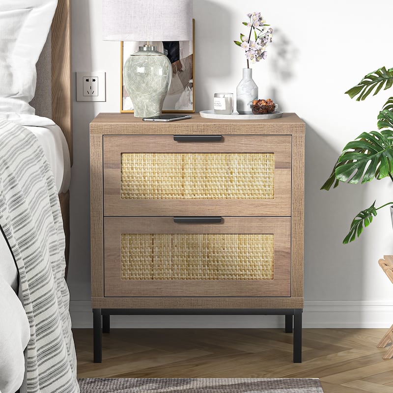 Anmytek Farmhouse 2-Drawer Nightstand Wood Rattan Bedside Table for Bedroom