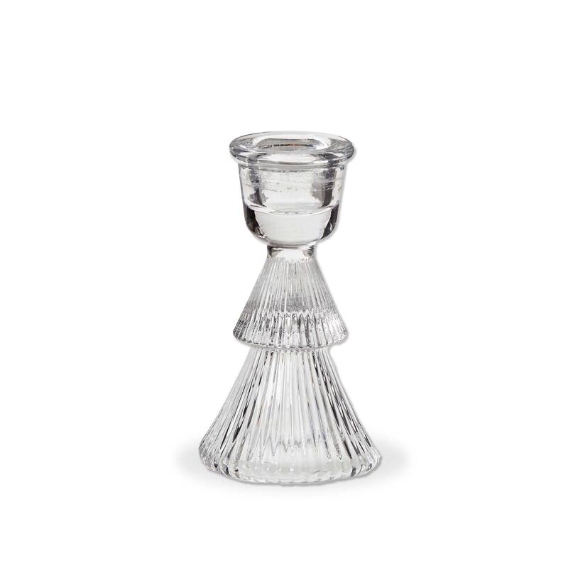 Clear Glass Ribbed Taper Candle Holder - Elegant Christmas Decor, 2.5" x 2.5" x 4" - Perfect for Taper Candles