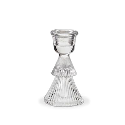 Clear Glass Ribbed Taper Candle Holder - Elegant Christmas Decor, 2.5" x 2.5" x 4" - Perfect for Taper Candles