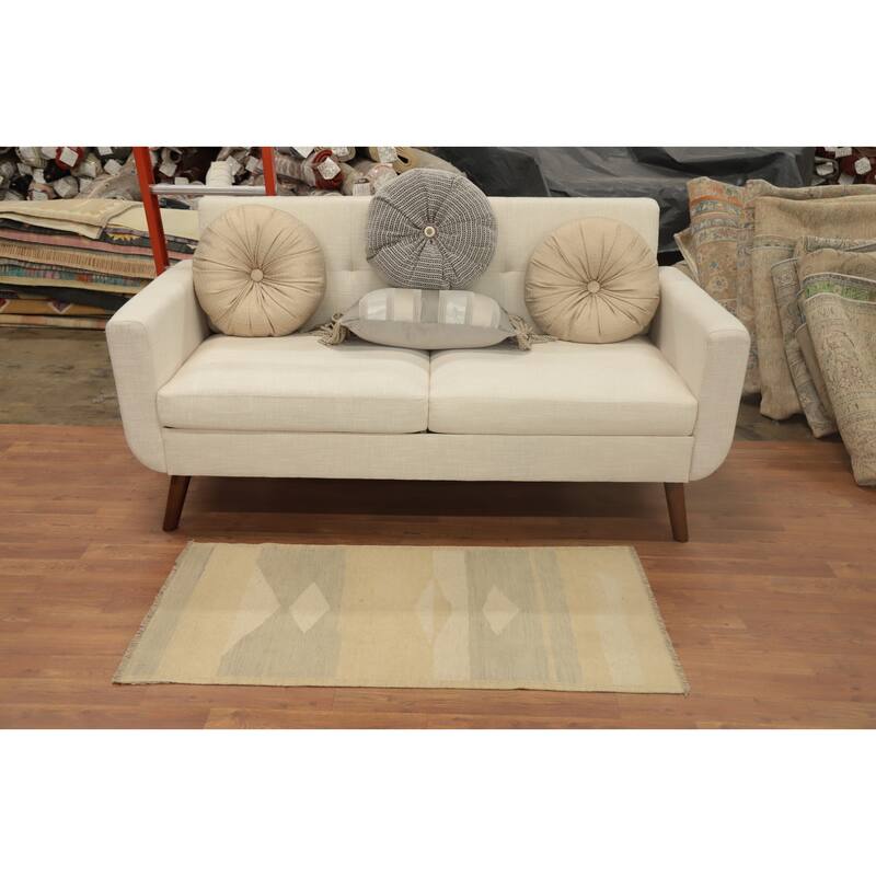 Hand Woven Oriental 100% Wool Carpet Southwestern Modern Beige & Ivories Kilim Area Rug - 4' 0'' X 2' 0''