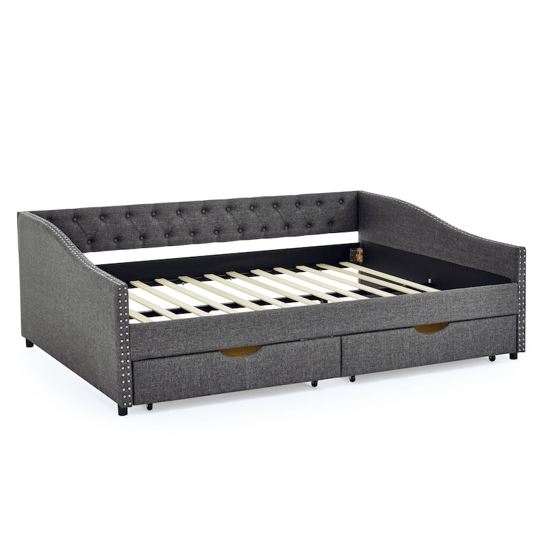 Queen Size Daybed With Drawers Upholstered Tufted Sofa Bed
