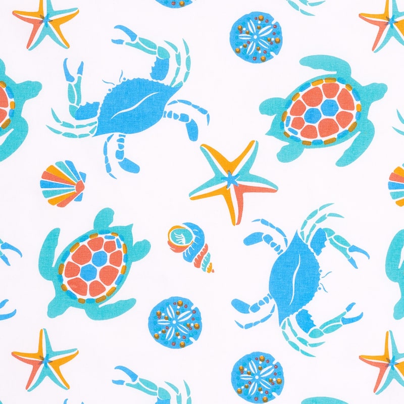 Caraway Coral Kitchen Towel Blue Seaturtle Crab & Starfish Print