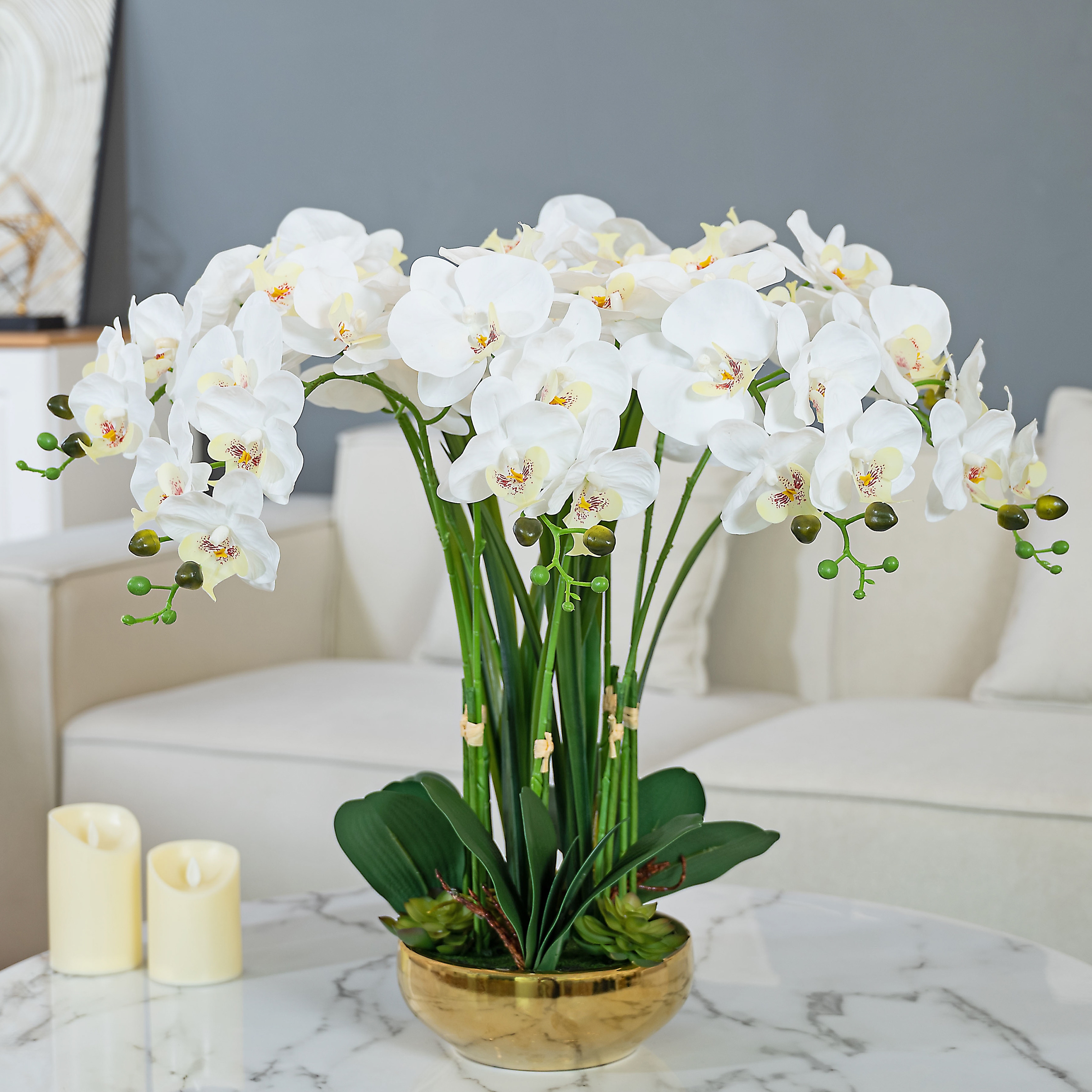 Vanity Art 23. 23 in. H Artificial Phalaenopsis Orchids with Succulents Floral Arrangement in Pot