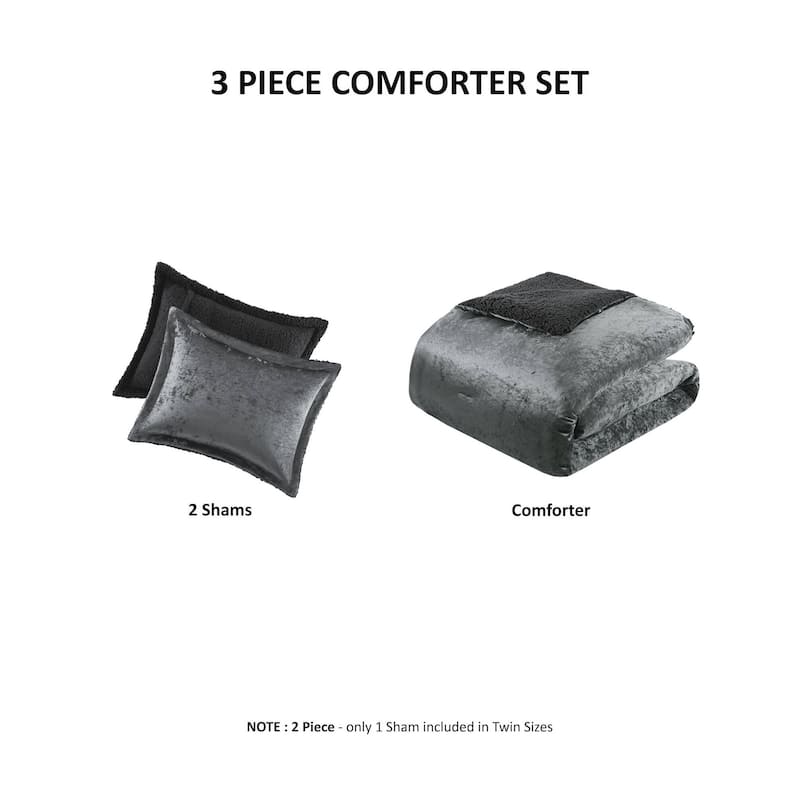 2 PCS Twin/Twin XL Crushed Velvet Sherpa Reversible Comforter Set Charcoal