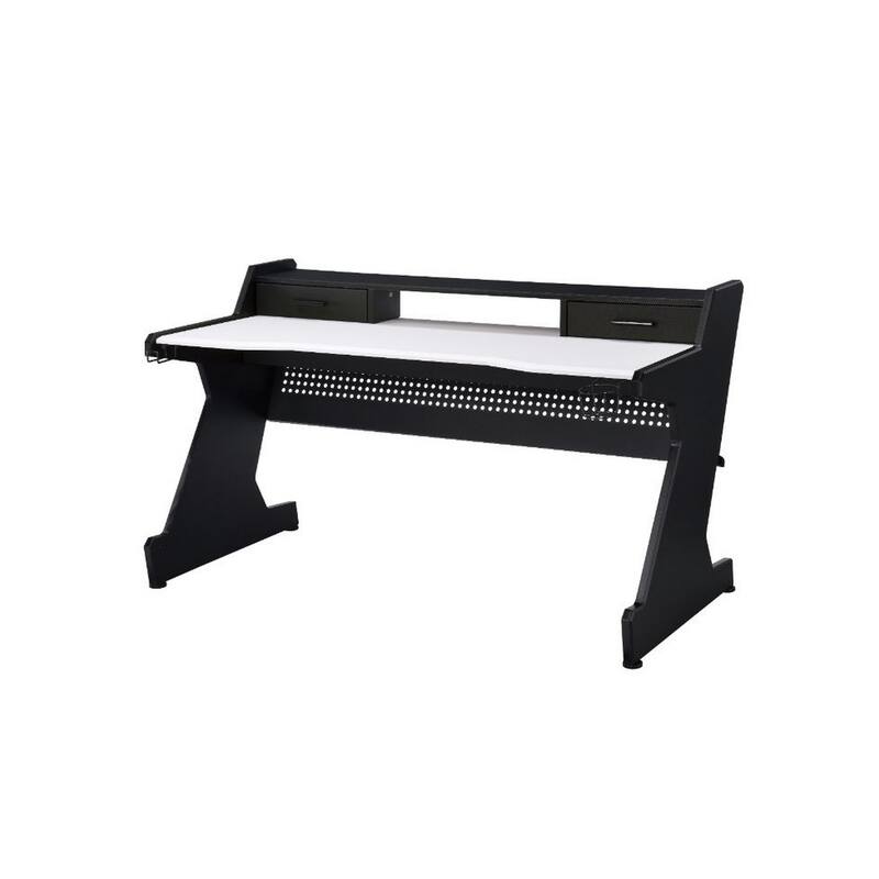 Gaming Table with Cup Holder and Headset Rack, Black and White