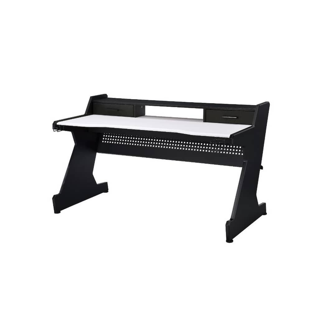 Gaming Table with Cup Holder and Headset Rack, Black and White