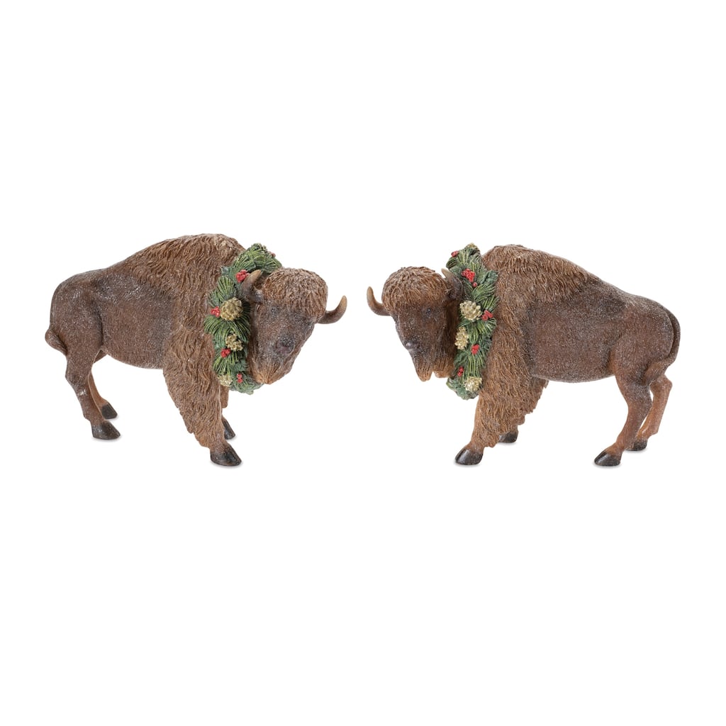 Set of 4 Brown Polyresin Bison Figurines with Pinecone and Holly Wreaths Holiday Shelf and Mantel Decorations