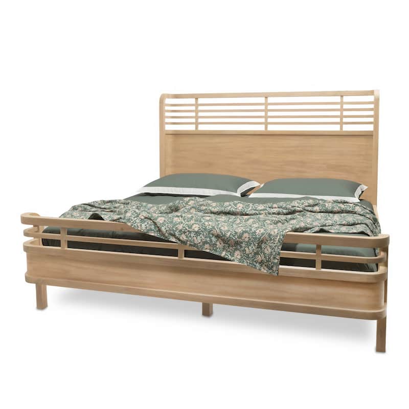 HomeRoots Brown Carved Geometric Solid Wood King Bed Frame