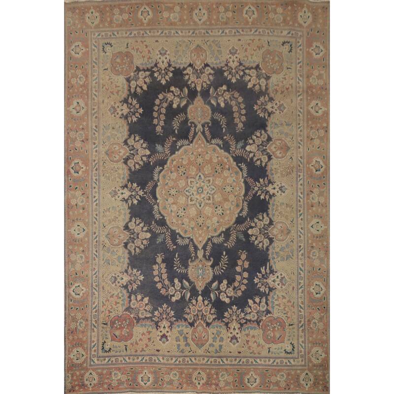 Hand Knotted Oriental 100% Wool Carpet Traditional Floral Navy Blue & Blues Tabriz Area Rug - 12' 1'' X 9' 4''