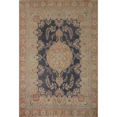 Hand Knotted Oriental 100% Wool Carpet Traditional Floral Navy Blue & Blues Tabriz Area Rug - 12' 1'' X 9' 4''