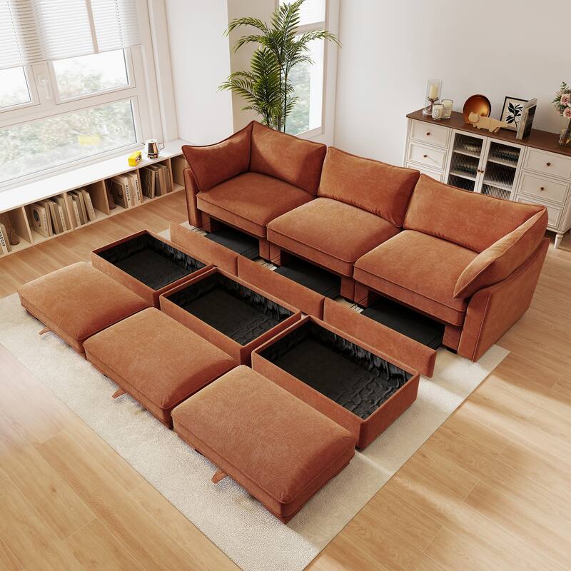 GDFStudio - Chenille 3-Seater 112.6" Modular Sofa with 3 Ottomans - Orange