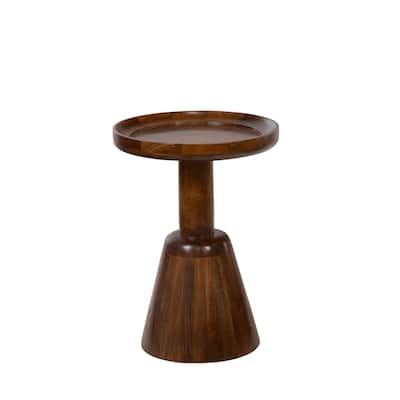 Solid Mango Wood Round Accent Side Table - Rimmed Bowl Top, Tapered Base, Dark Finish, Fully Assembled