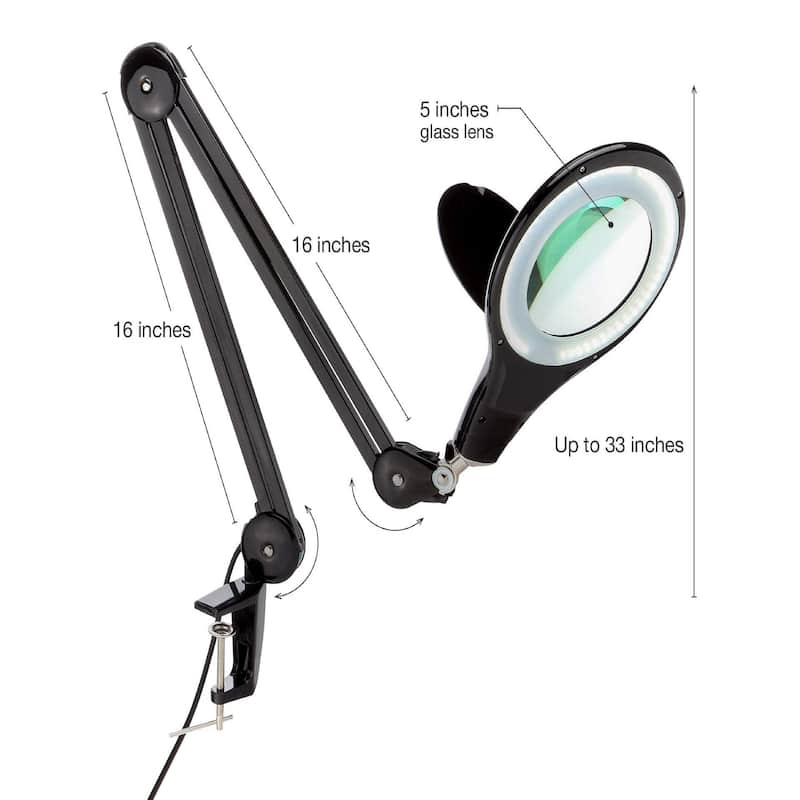 Brightech Lightview Pro 33 in. Classic Black Plug-in Adjustable Swing Arm Integrated 2.25X Magnifying LED Desk Clamp Lamp